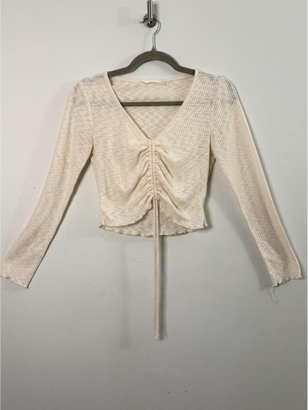 Lush Women’s Small Cream Ribbed Ruched Front Long Sleeve Crop Top Boho Coquette